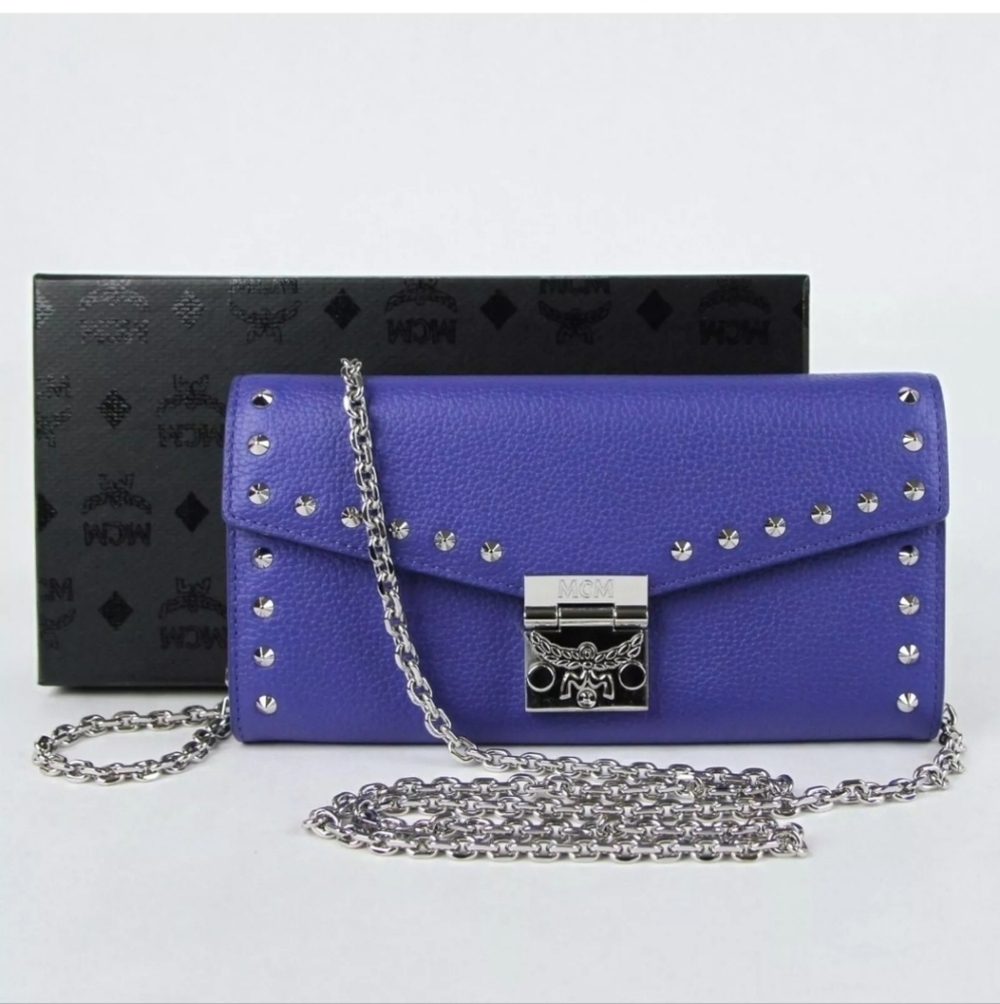 NWT MCM Spectrum Blue Leather Patricia Large Studded Chain Wallet!
